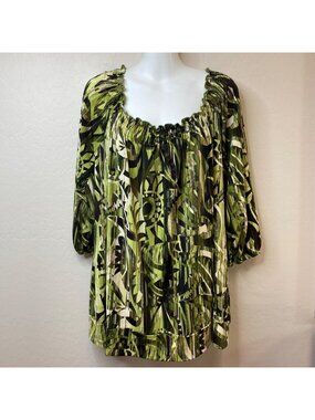 Claudia Richard Womens Green Black Blouse Elastic Neckline Size 1X